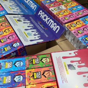 Pack man carts live diamonds wholesale display with rows of colorful Packman boxes